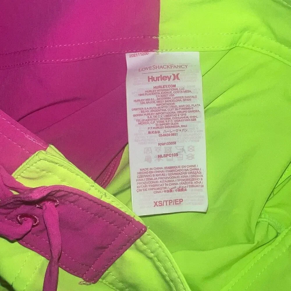 NWT LoveShackFancy X Hurley Solid Blocked Boardie Skirt neon pink green swimsuit